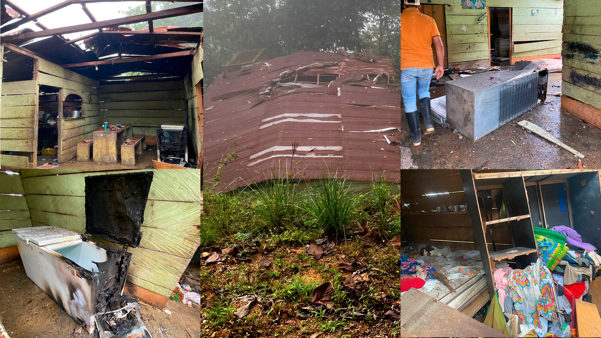 Viviendaas destruidas por la guerra de drones entre el ELN y las Farce en El Catatumbo.