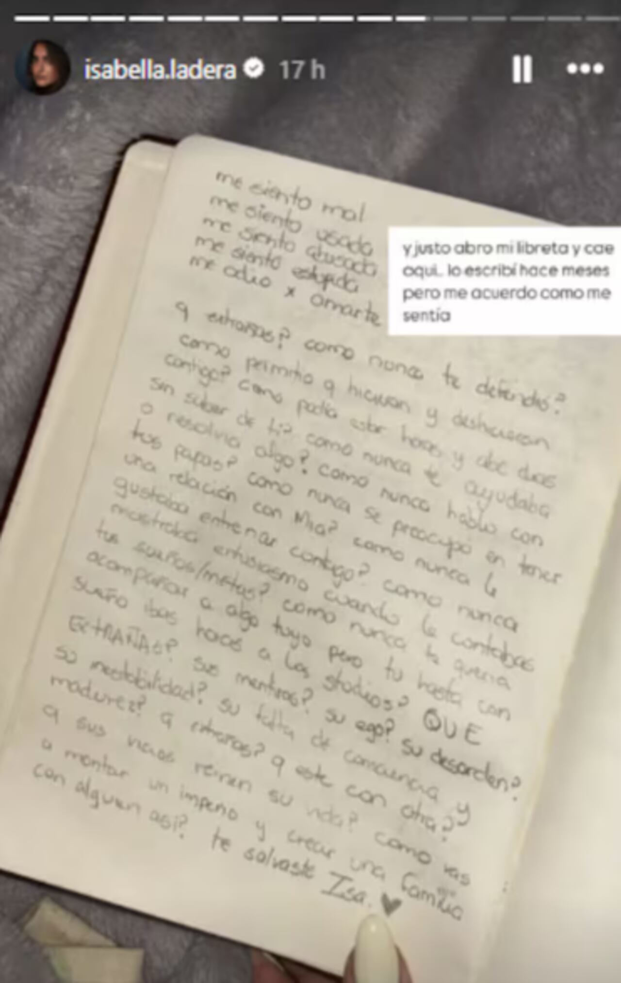 Isabella Ladera mostró lo que había escrito hace unos meses.