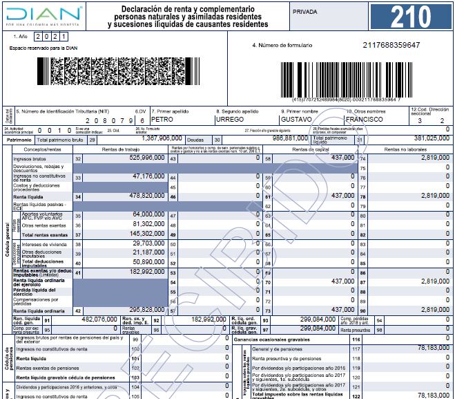 Informe de declaración de renta del año gravable 2021 del presidente Gustavo Petro