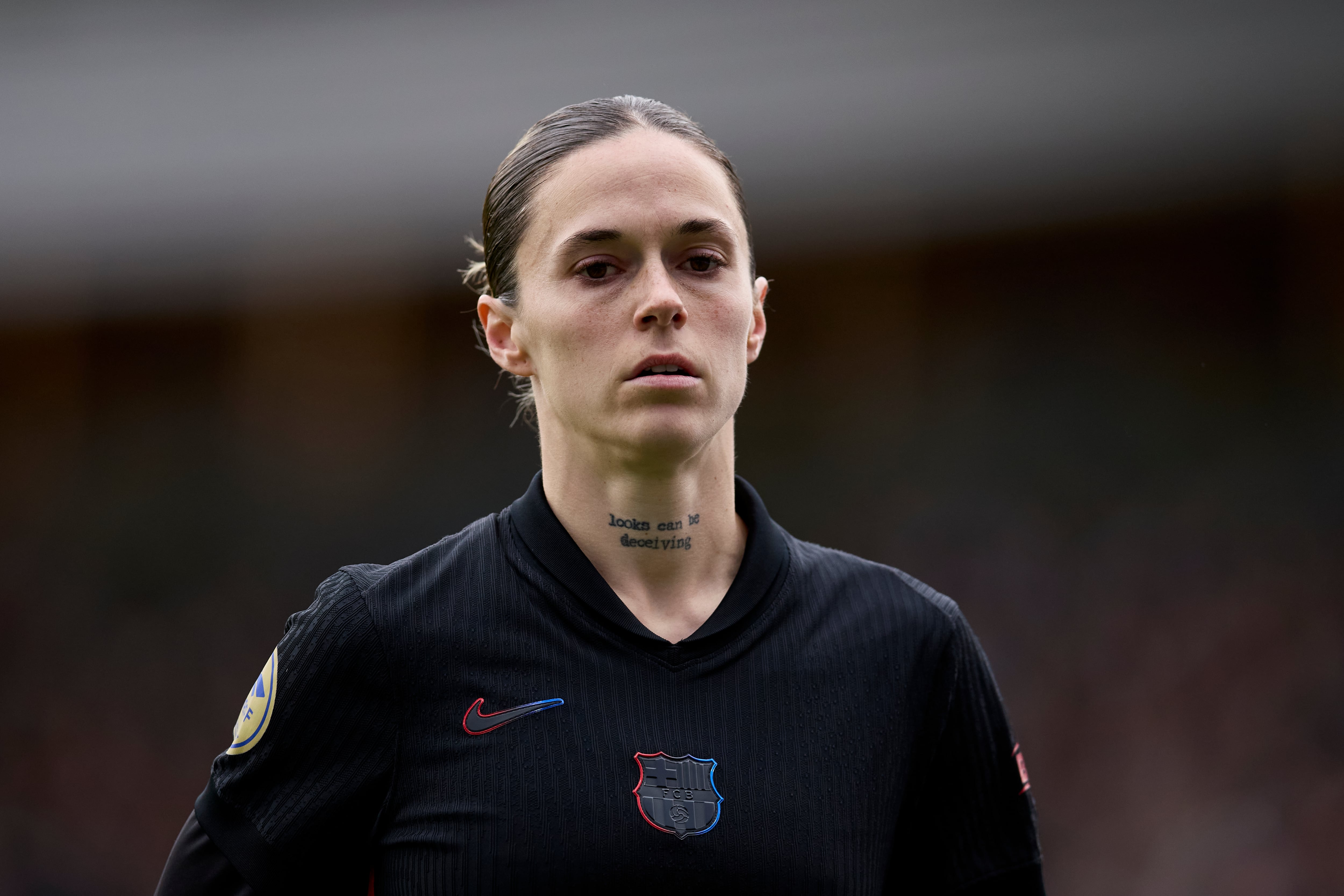 SAN SEBASTIAN, SPAIN - JANUARY 05: Maria Leon of FC Barcelona looks on during the Liga F match between Real Sociedad and FC Barcelona at Zubieta on January 05, 2025 in San Sebastian, Spain. (Photo by Ion Alcoba Beitia/Getty Images)