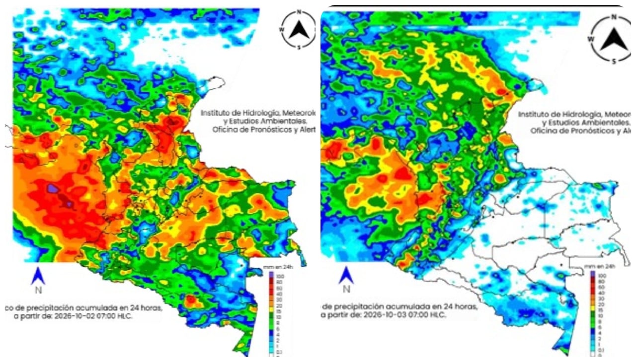 Mapa de clima para el viernes 2 (izq) y domingo 4 de octubre en Colombia.