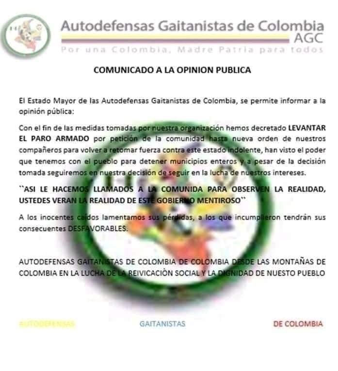 Circula en redes esta imagen donde el Clan del Golfo da por terminado el paro armado en Colombia