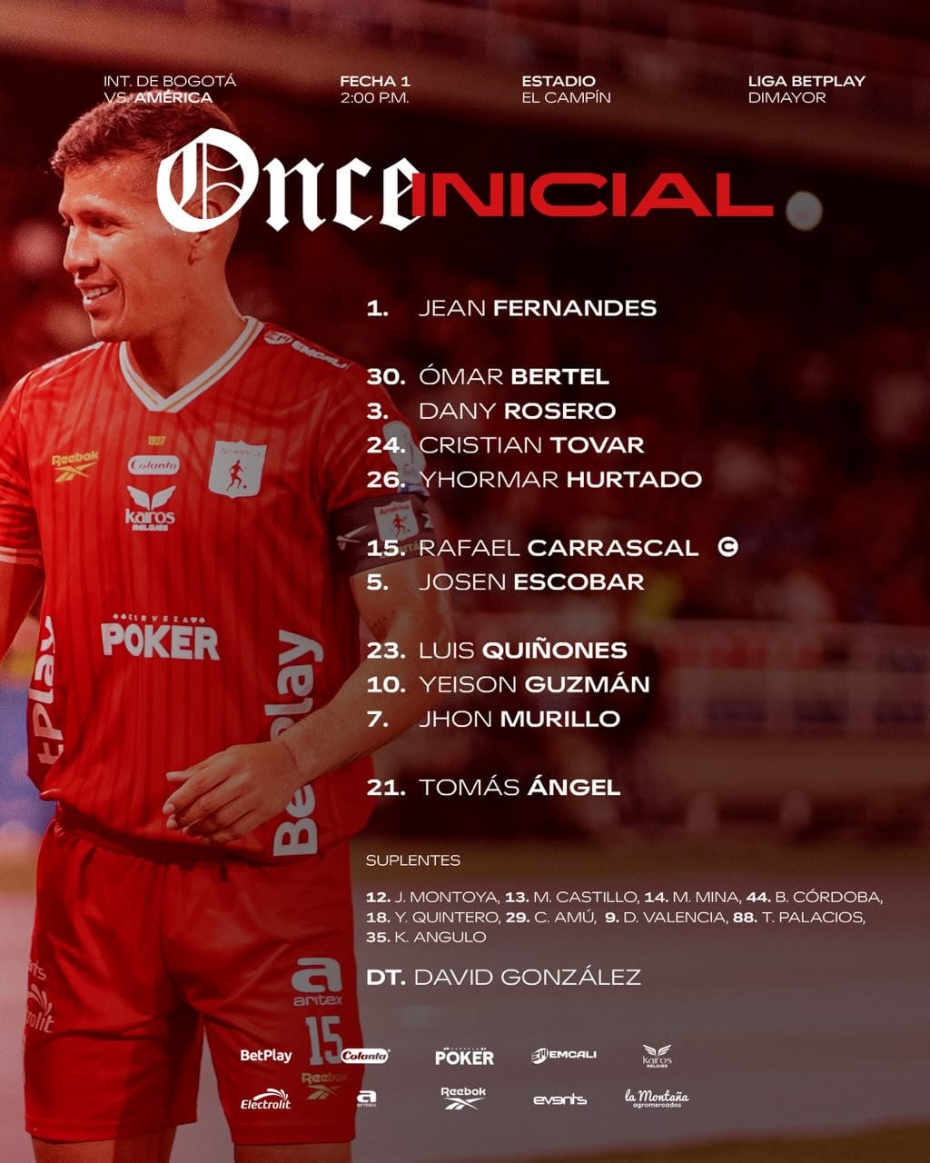 Once inicial de América de Cali en su partido ante Inter de Bogotá.
