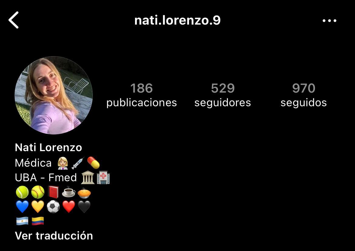 Perfil de Instagram de Natalia Lorenzo, hija de Néstor Lorenzo