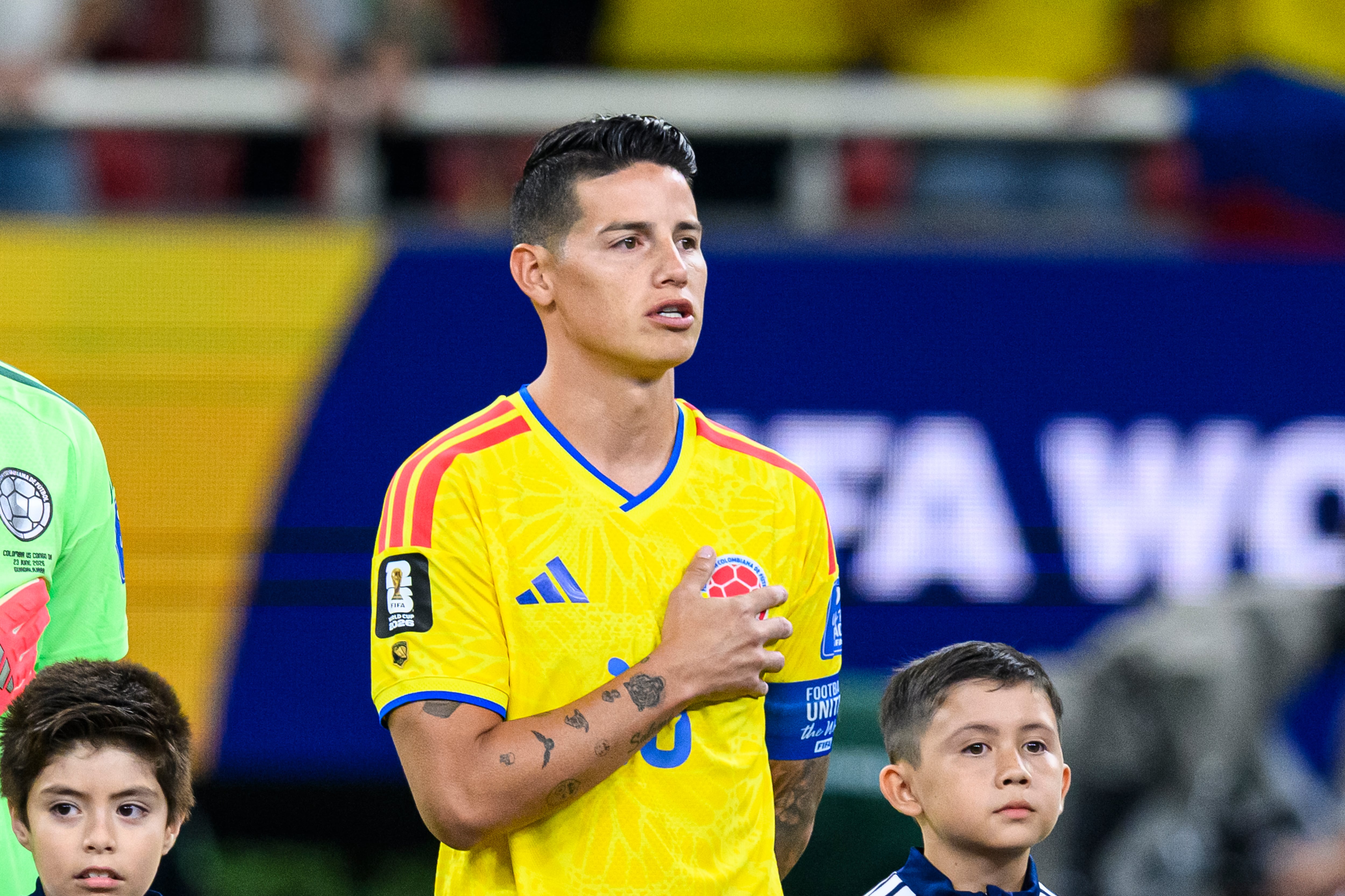 ZAPOPAN, MEXICO - JUNE 23: James Rodriguez of Colombia sing the national anthem during the FIFA World Cup 2026 Group K match between Colombia and Congo DR at Guadalajara Stadium on June 23, 2026 in Zapopan, Mexico. (Photo by Martín Fonseca/Eurasia Sport Images/Getty Images)