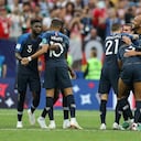 MOSCOW, RUSSIA - JULY 15: Samuel Umtiti of France Kyliane Mbappe of France Antoine Griezmann of France Steven Nzonzi of France Ngolo Kante of France celebrate following their sides victory the 2018 FIFA World Cup Russia Final between France and Croatia at Luzhniki Stadium on July 15, 2018 in Moscow, Russia. (Photo by Stefan Matzke - sampics/Corbis via Getty Images)
