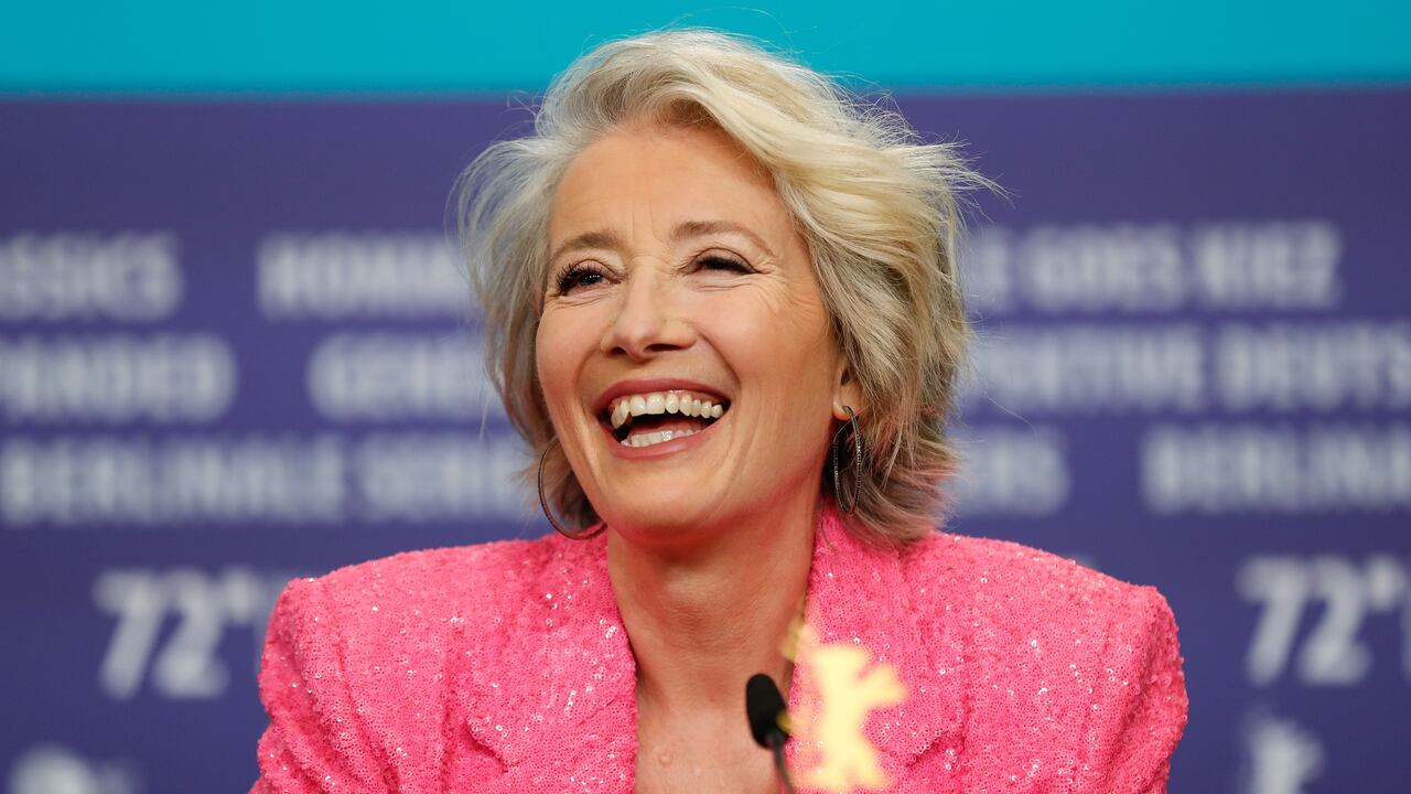 12 February 2022, Berlin: Actress Emma Thompson at the press conference for the film "Good Luck to You, Leo Grande", which runs in the series "Berlinale Special Gala". The 72nd International Film Festival will take place in Berlin from Feb. 10-20, 2022. Photo: Gerald Matzka/dpa (Photo by Gerald Matzka/picture alliance via Getty Images)