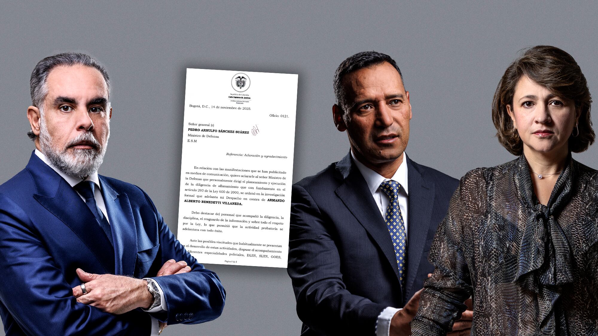 Ministro del interior, Armando Benedetti; ministro de defensa, Pedro Sánchez y magistrada Cristina Lombana.
