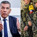 Ministro de Defensa, general (r) Jorge Mora, y una imagen de integrantes de las disidencias de las Farc.