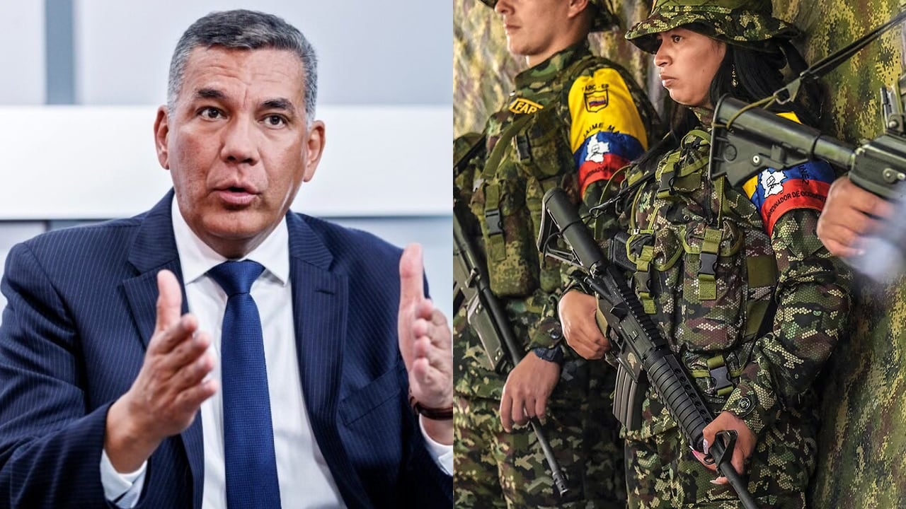 Ministro de Defensa, general (r) Jorge Mora, y una imagen de integrantes de las disidencias de las Farc.