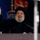 BEIRUT, LEBANON - OCTOBER 12: Secretary-General of Hezbollah, Hassan Nasrallah delivers a speech during the mourning procession marking the day of Ashura in Beirut's Dahieh region, Lebanon on October 12, 2016. Shiite Muslims are observing the Ashura, the tenth day of the first Islamic month of Muharram, to commemorate the martyrdom of Imam Hussein, a grandson of the Prophet Mohammed, in the Iraqi city of Karbala in the seventh century.
(Photo by Ratib Al Safadi/Anadolu Agency/Getty Images)
