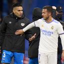 MADRID, SPAIN - NOVEMBER 06: Eden Hazard of Real Madrid salutes with Radamel Falcao of Rayo Vallecano after the game during the La Liga Santander match between Real Madrid CF and Rayo Vallecano at Estadio Santiago Bernabeu on November 06, 2021 in Madrid, Spain. (Photo by Diego Souto/Quality Sport Images/Getty Images)