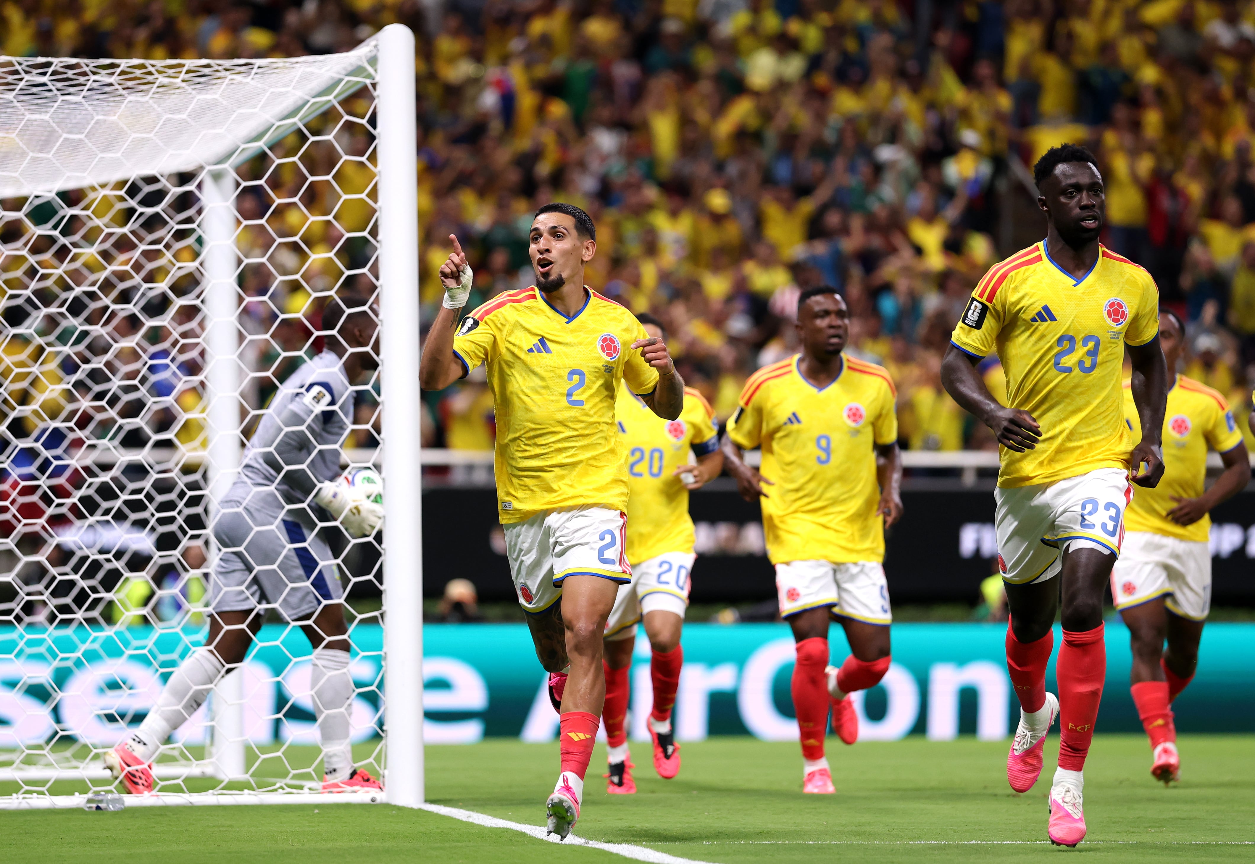 ZAPOPAN, MEXICO - JUNE 23: Daniel Munoz #2 of Colombia celebrates with teammates after scoring the team's first goal during the FIFA World Cup 2026 Group K match between Colombia and Congo DR at Guadalajara Stadium on June 23, 2026 in Zapopan, Mexico. (Photo by Ryan Pierse - FIFA/FIFA via Getty Images)