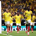 ZAPOPAN, MEXICO - JUNE 23: Daniel Munoz #2 of Colombia celebrates with teammates after scoring the team's first goal during the FIFA World Cup 2026 Group K match between Colombia and Congo DR at Guadalajara Stadium on June 23, 2026 in Zapopan, Mexico. (Photo by Ryan Pierse - FIFA/FIFA via Getty Images)