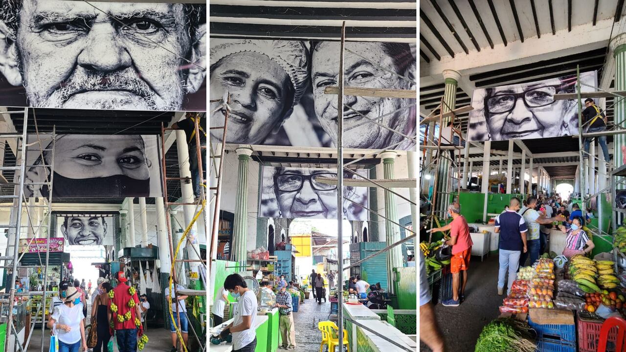De al menos 30 retratos de personajes de la plaza de mercado, se eligieron 12; el mismo número de fotos de los puestos que completan la muestra de 24 gigantografías.