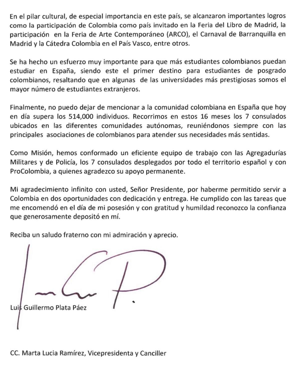 Carta renuncia embajador de Colombia en España