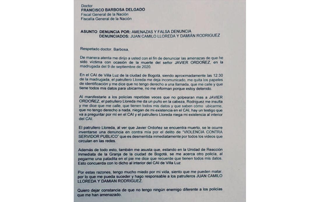 Carta a la Fiscalía de testigo clave del caso Javier Ordóñez