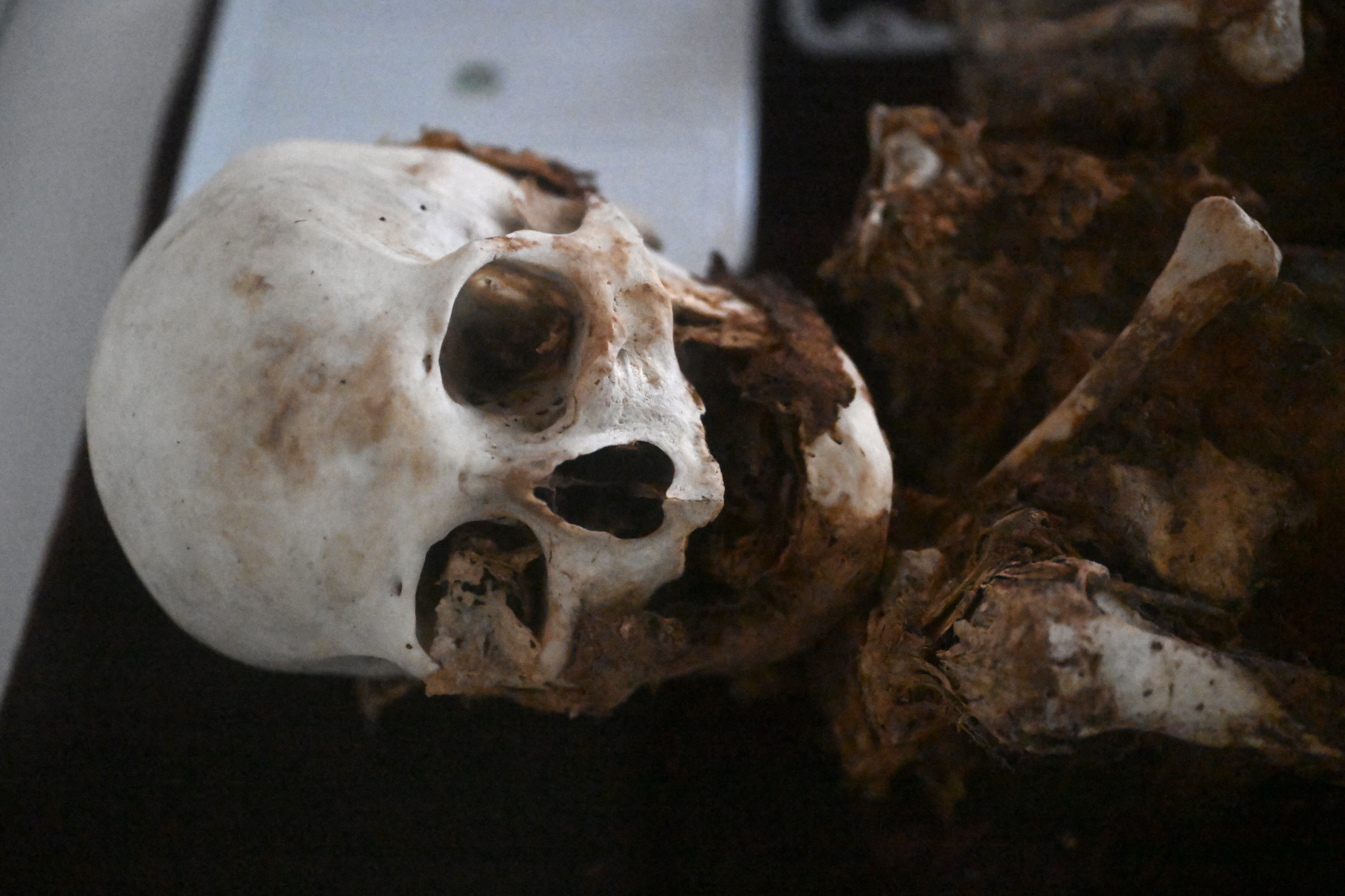 Clovisnerys Bejarano se arrodilla ante reza ante el cuerpo de su madre, Saturnina, fallecida hace casi 30 años pero cuyos rasgos faciales se conservan gracias a un misterioso proceso de momificación que ocurre "espontáneamente" en la localidad colombiana de San Bernardo.