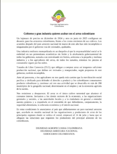 Paro nacional e arroceros el 14 de julio.