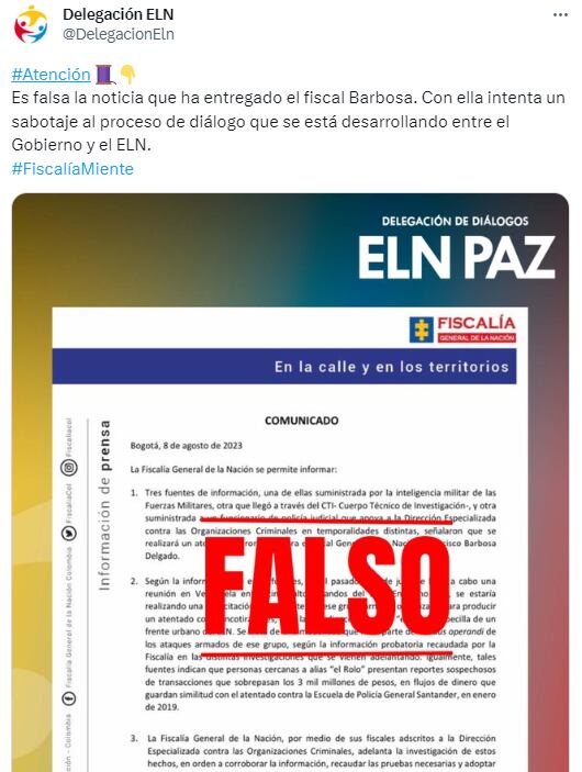 Trino de la delegación ELN, que negocia la paz con el Gobierno, en el que niegan el atentado