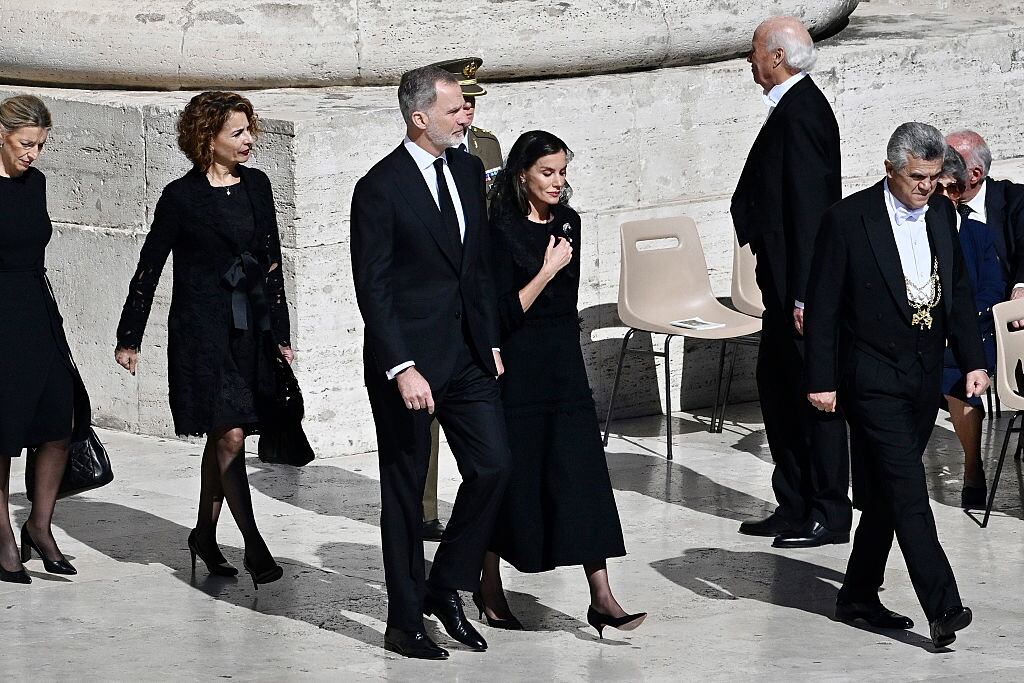 VATICAN CITY, VATICAN - APRIL 26: King Felipe VI of Spain and Queen Letizia of Spain arrive at the funeral of Pope Francis in St. Peter’s Square on April 26, 2025 in Vatican City, Vatican. Pope Francis died on April 21st at the age of 88. Born in Argentina as Jorge Mario Bergoglio, he was the first Latin American and the first Jesuit to become Pope when elected in 2013. Taking the name Francis after St Francis of Assisi, he promoted a more humble version of the papacy than many of his predecessors. He will be buried outside of the Vatican in a simple wooden coffin at the Basilica Santa Maria Maggiore.  (Photo by Antonio Masiello/Getty Images)