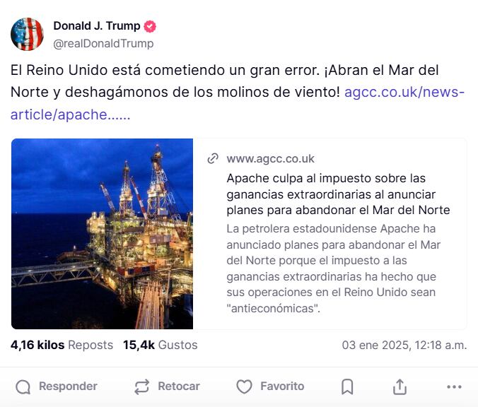 Trump critica al Reino Unido por su política energética y pide abrir el Mar del Norte.
