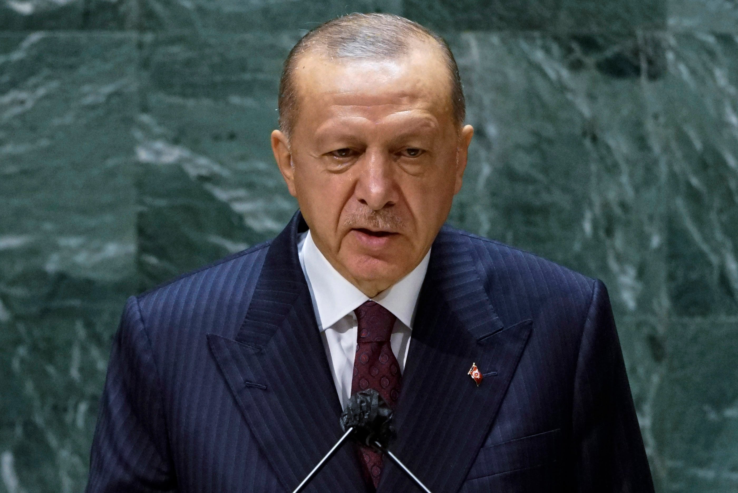 NEW YORK, NEW YORK - SEPTEMBER 21: Turkish President Tayyip Erdogan addresses the 76th Session of the U.N. General Assembly on September 21, 2021 at U.N. headquarters in New York City. More than 100 heads of state or government are attending the session in person, although the size of delegations is smaller due to the Covid-19 pandemic. (Photo by Eduardo Munoz-Pool/Getty Images)