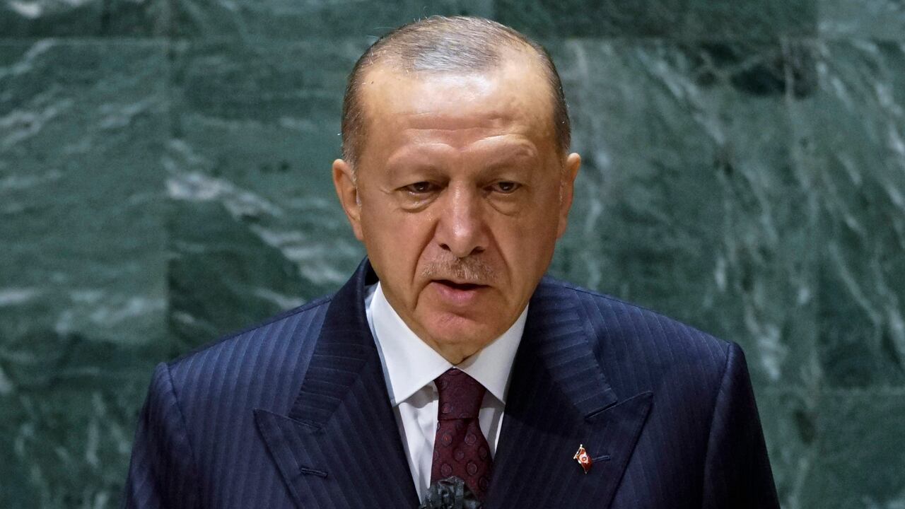 NEW YORK, NEW YORK - SEPTEMBER 21: Turkish President Tayyip Erdogan addresses the 76th Session of the U.N. General Assembly on September 21, 2021 at U.N. headquarters in New York City. More than 100 heads of state or government are attending the session in person, although the size of delegations is smaller due to the Covid-19 pandemic. (Photo by Eduardo Munoz-Pool/Getty Images)