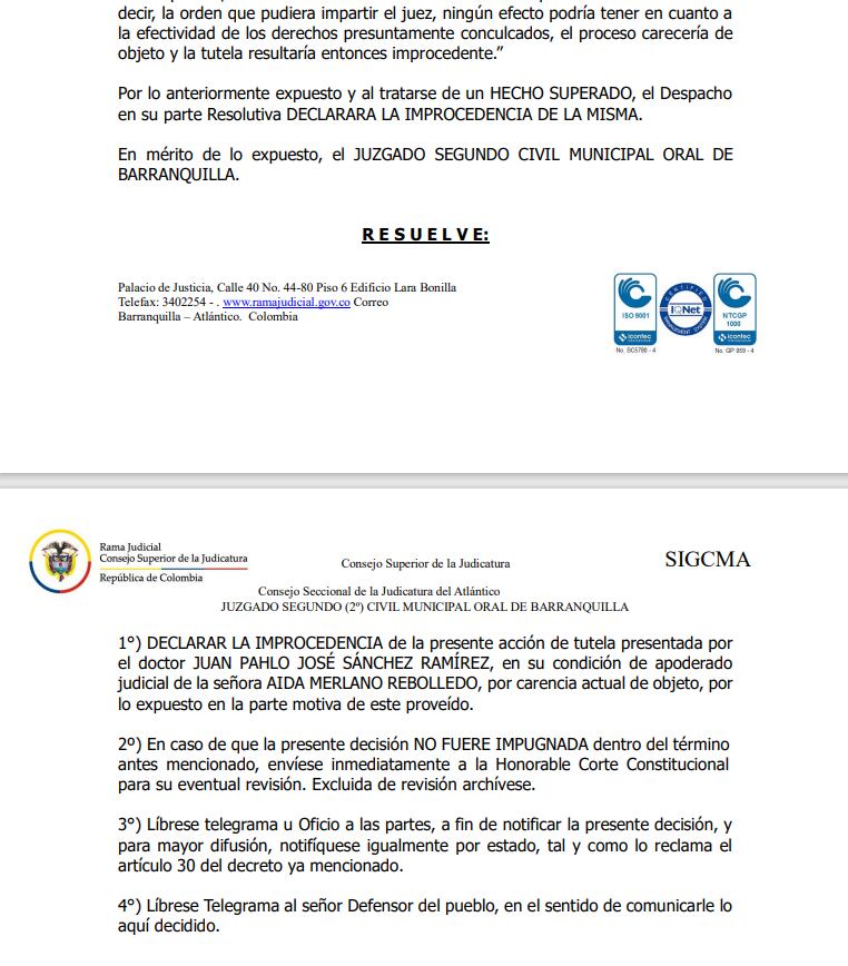 Tutela radicada por AIda Merlano para proteger a su hija fue rechazada.