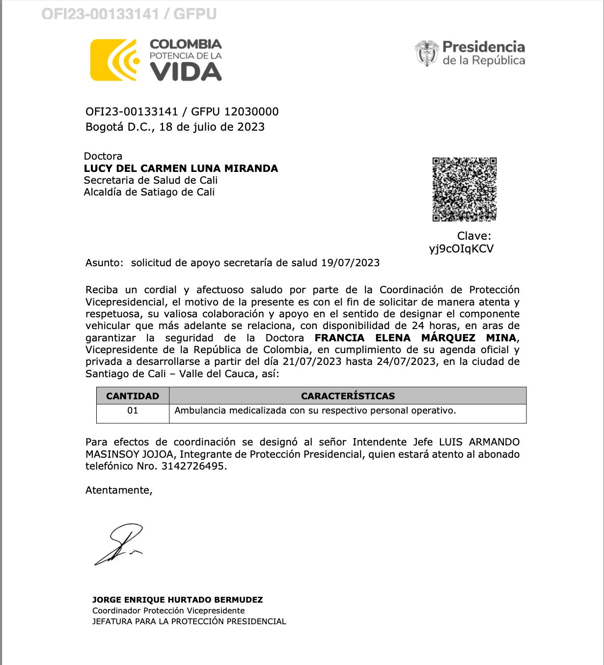 Solicitud del 18 de julio de 2023 a la Secretaría de Salud de Cali.