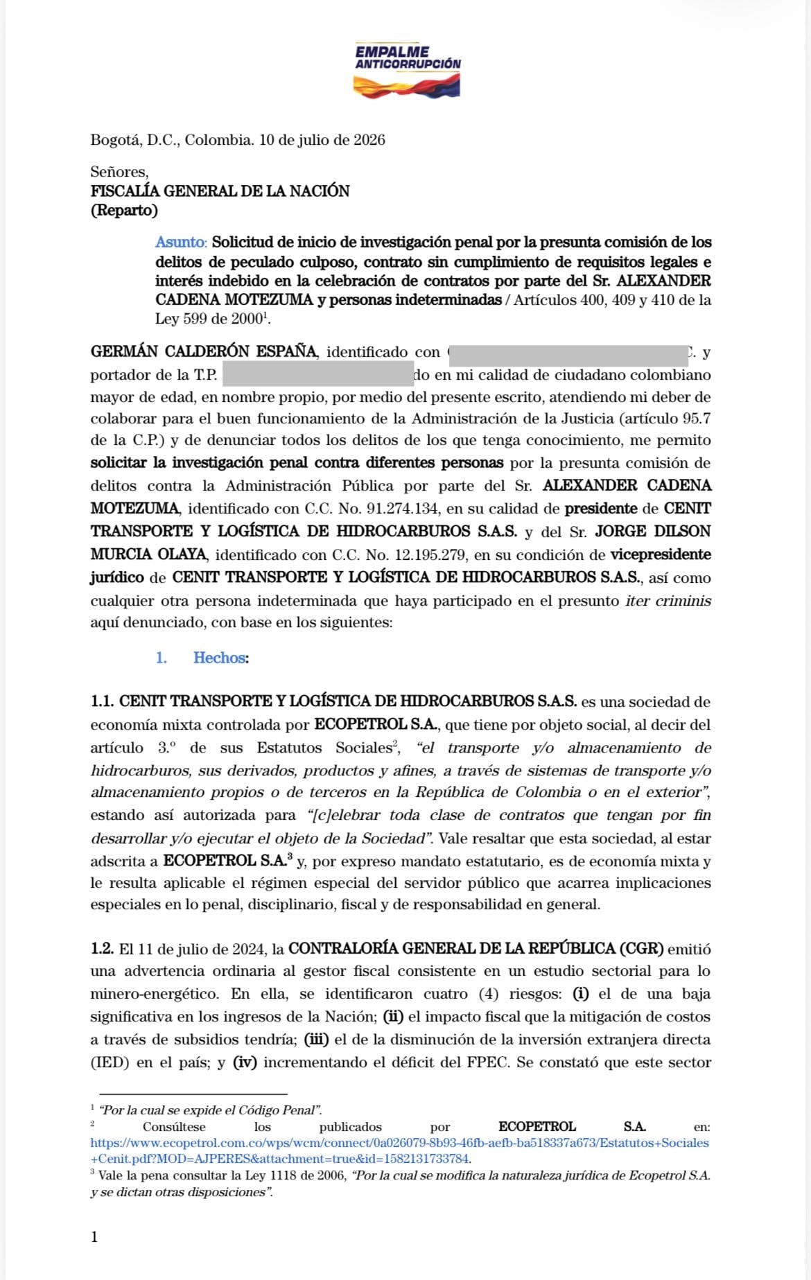 Documento denuncia Fiscalía caso Ecopetrol.