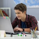 Varón adolescente sonriente charlando con amigos en las redes sociales sentado frente portátil