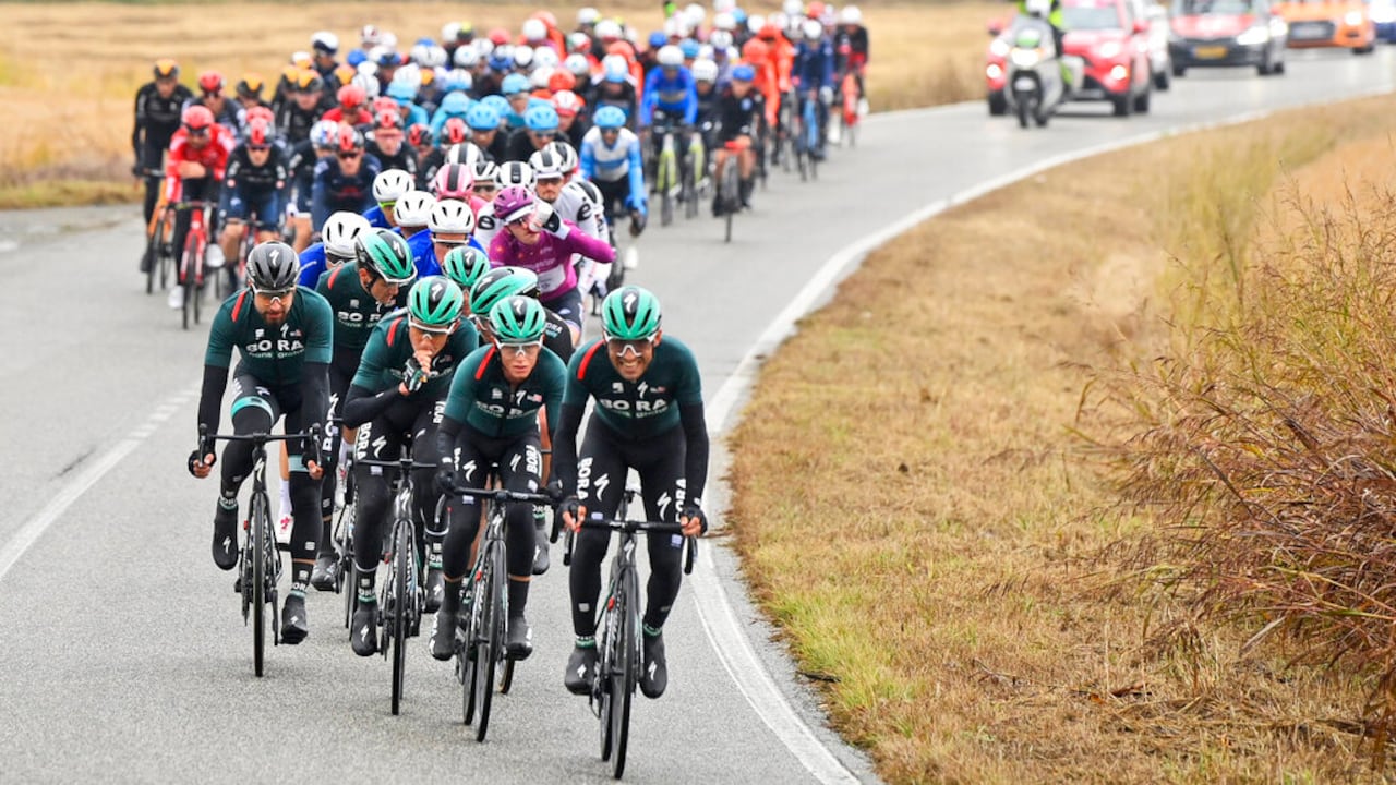 Cyclists pedal during the 19th stage of the Giro d'Italia cycling race, from Morbegno to Asti, Italy, Friday, Oct. 23, 2020. (Fabio Ferrari/LaPresse via AP)