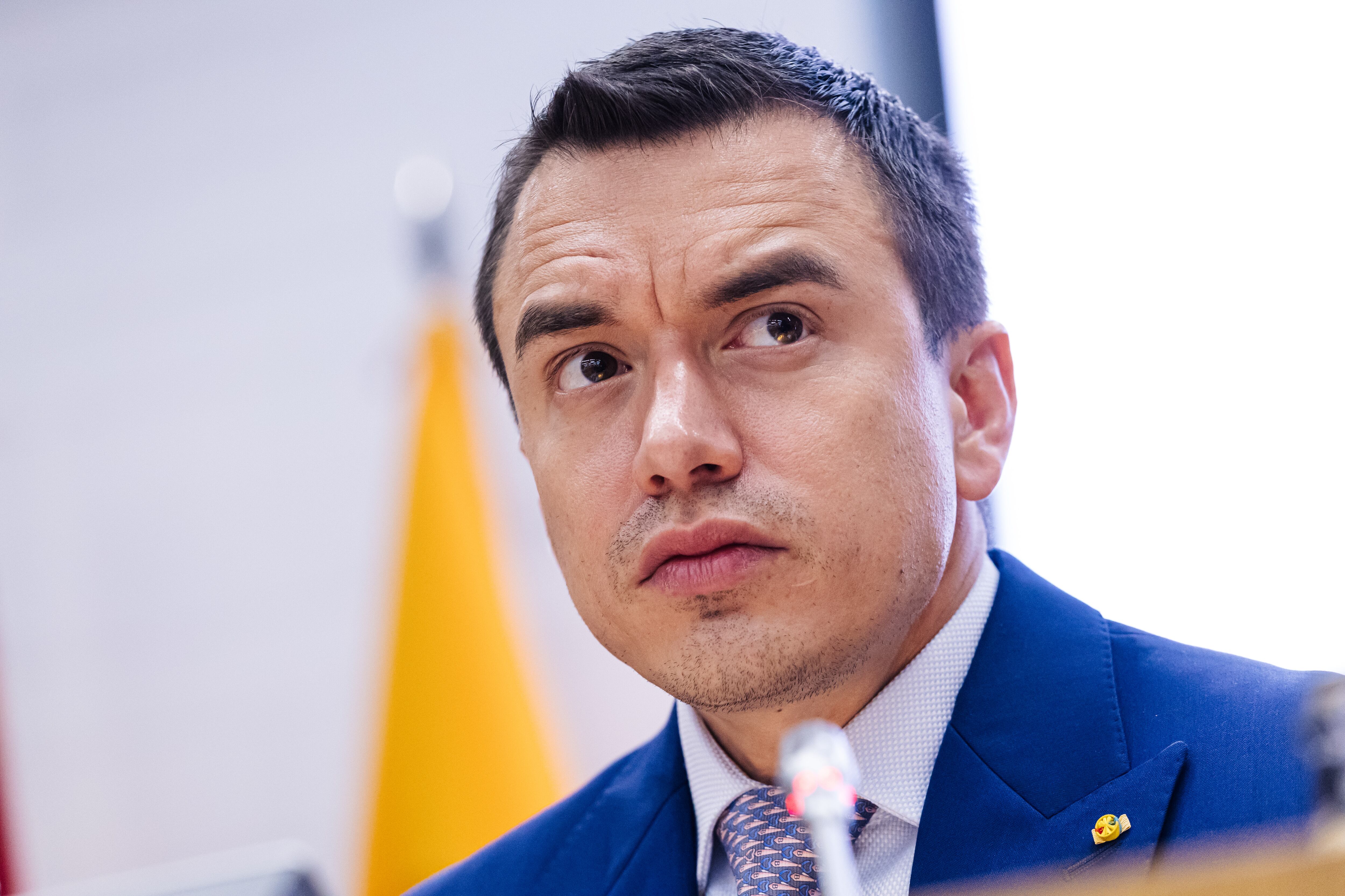 El Presidente de la República del Ecuador, Daniel Noboa, habla durante el encuentro empresarial España-Ecuador en la sede de la CEOE, el 25 de enero de 2024 en Madrid, España.