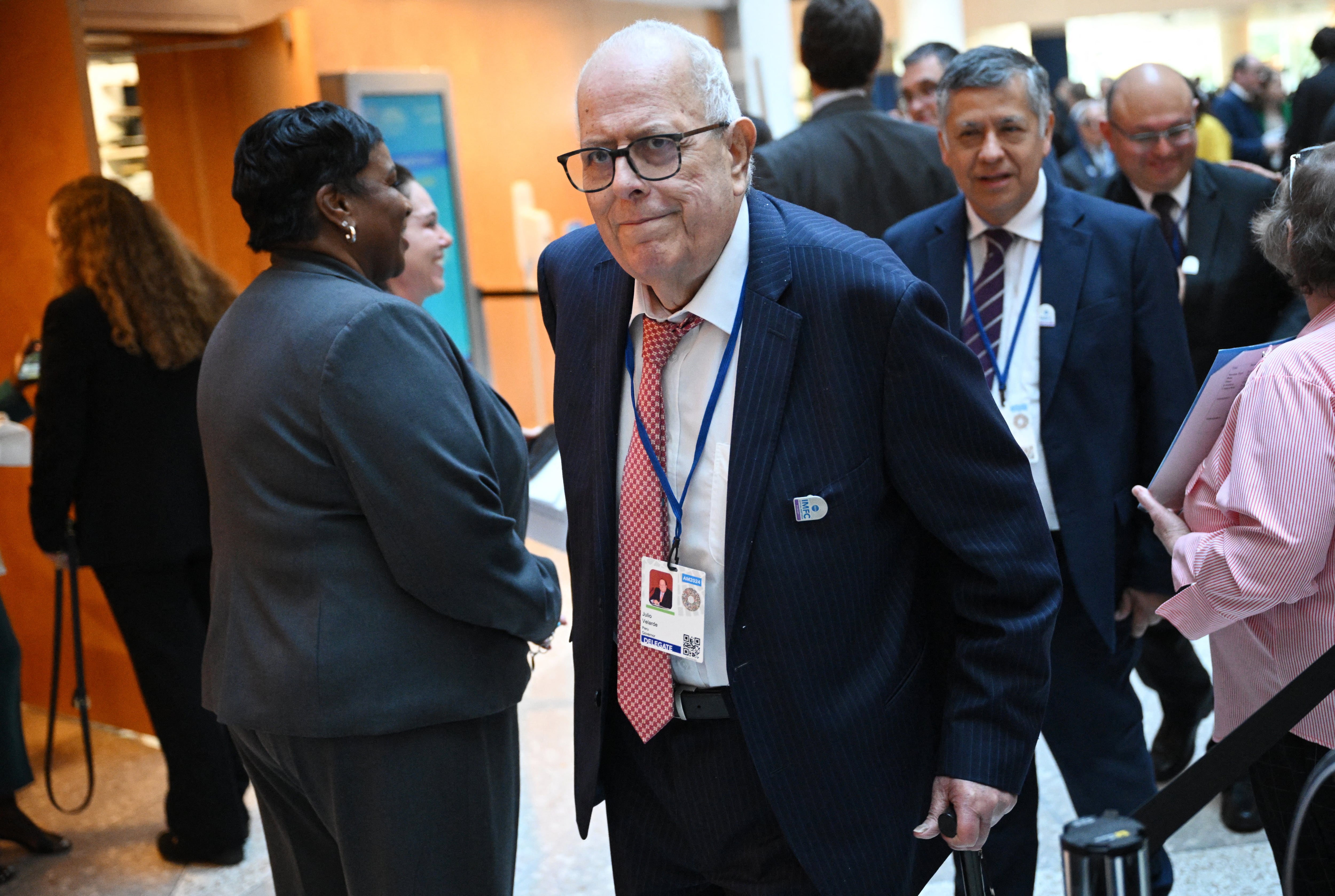 Central Reserve Bank of Peru Governor Julio Velarde Flores arrives for the International Monetary and Financial Committee (IMFC) plenary during the International Monetary Fund/World Bank Annual Meetings in Washington, DC on October 25, 2024. (Photo by Mandel NGAN / AFP)