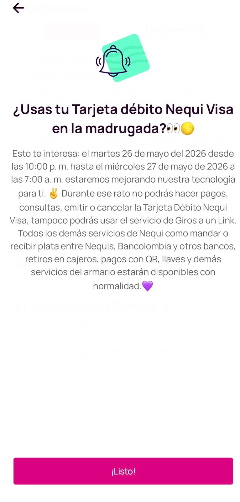 Nequi suspensión servicios.