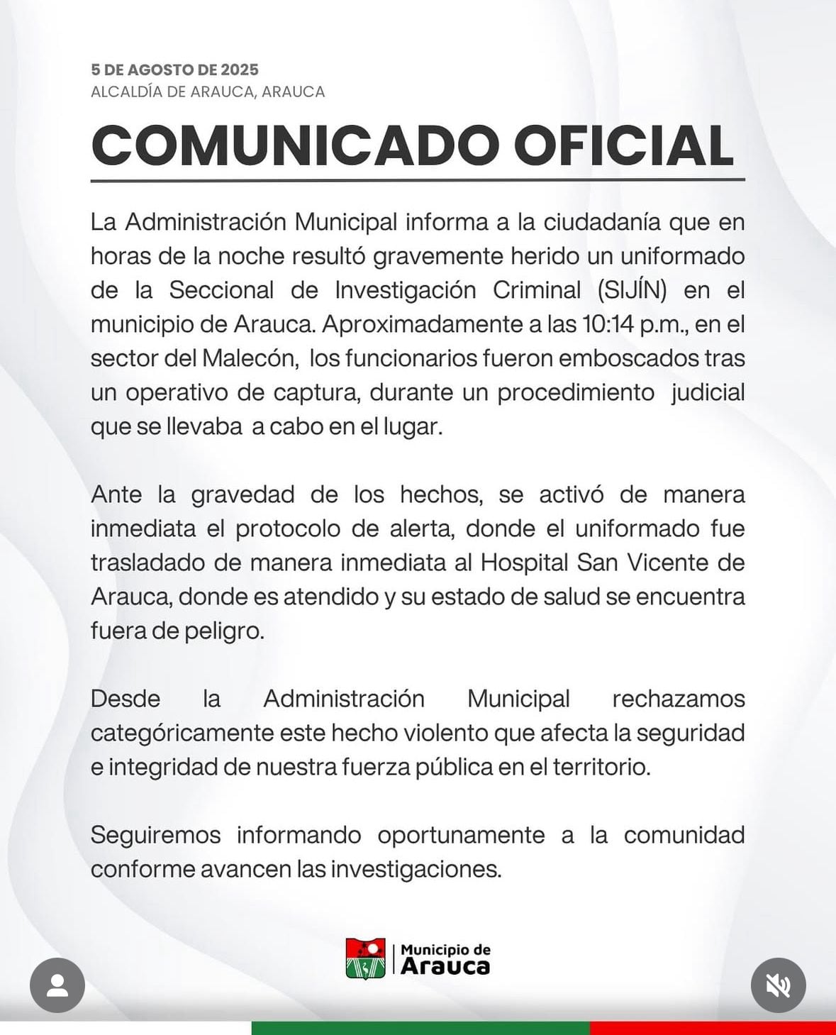 Comunicado de prensa de la Alcaldía de Arauca, Arauca.
