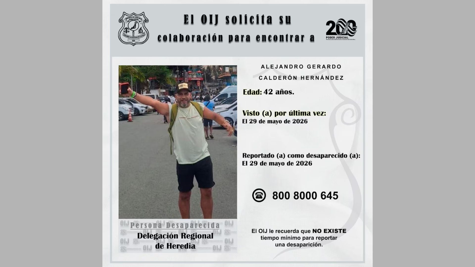 Aviso de búsqueda difundido por las autoridades y familiares de Alejandro Calderón Hernández, comerciante costarricense desaparecido en Bogotá durante un viaje de negocios.