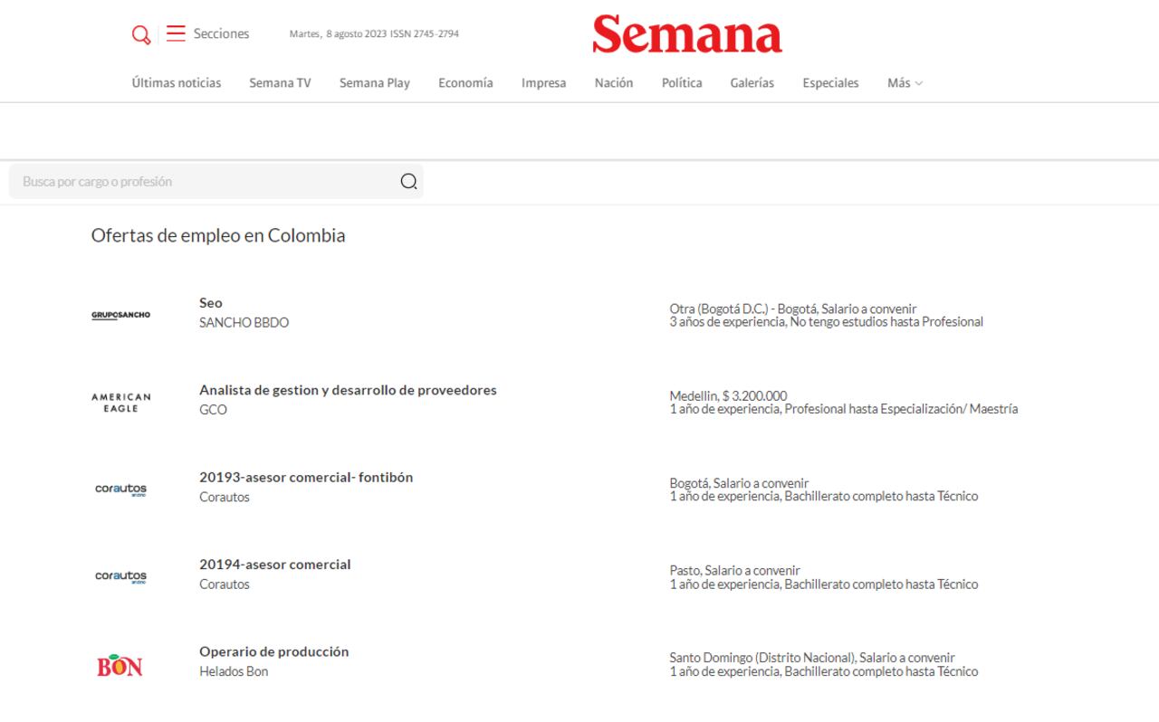 Las ofertas de empleo para hoy 8 de agosto en Semana.com