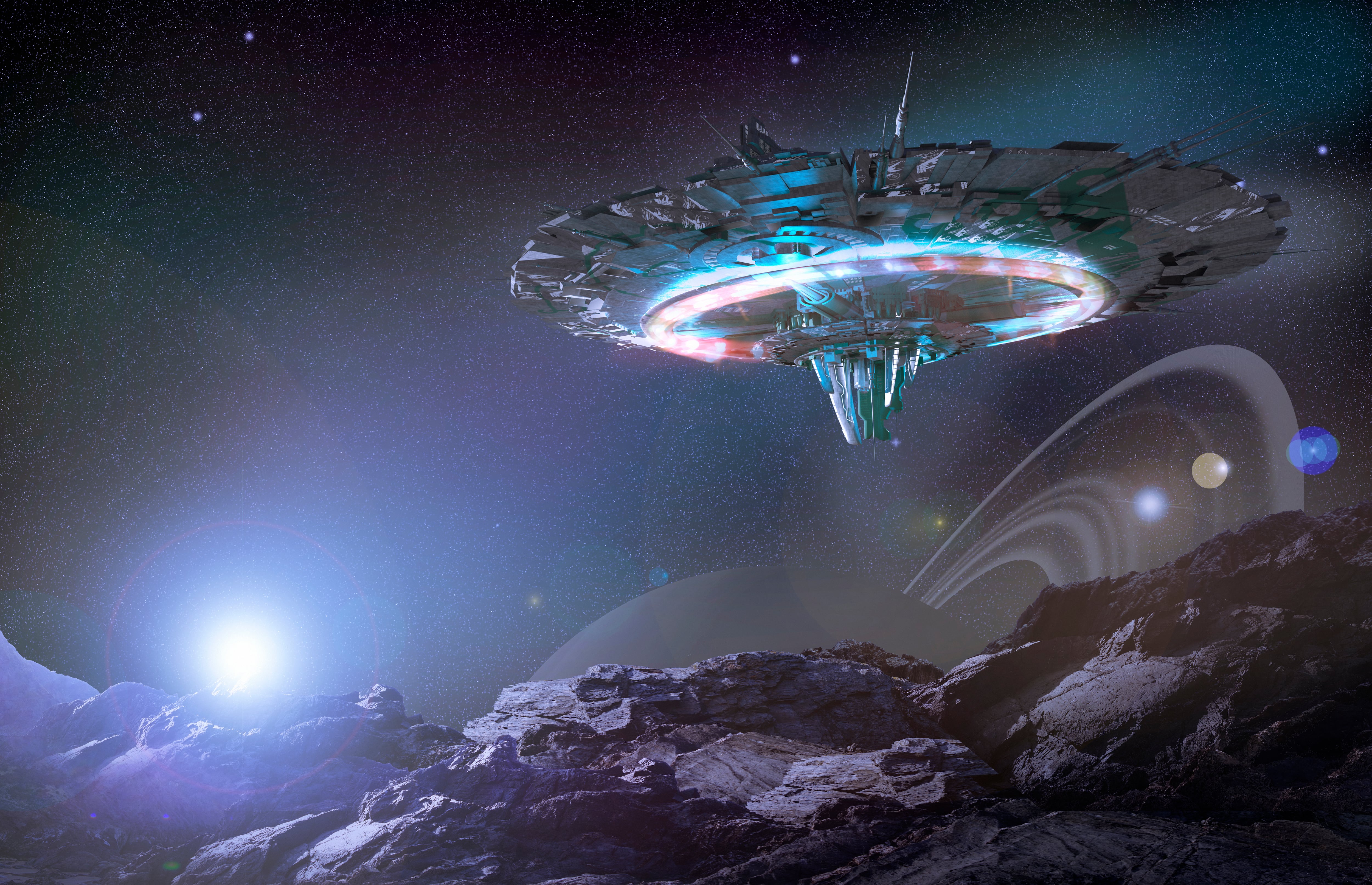 Nave extraterrestre viajando a través del espacio profundo. Imagen de referencia