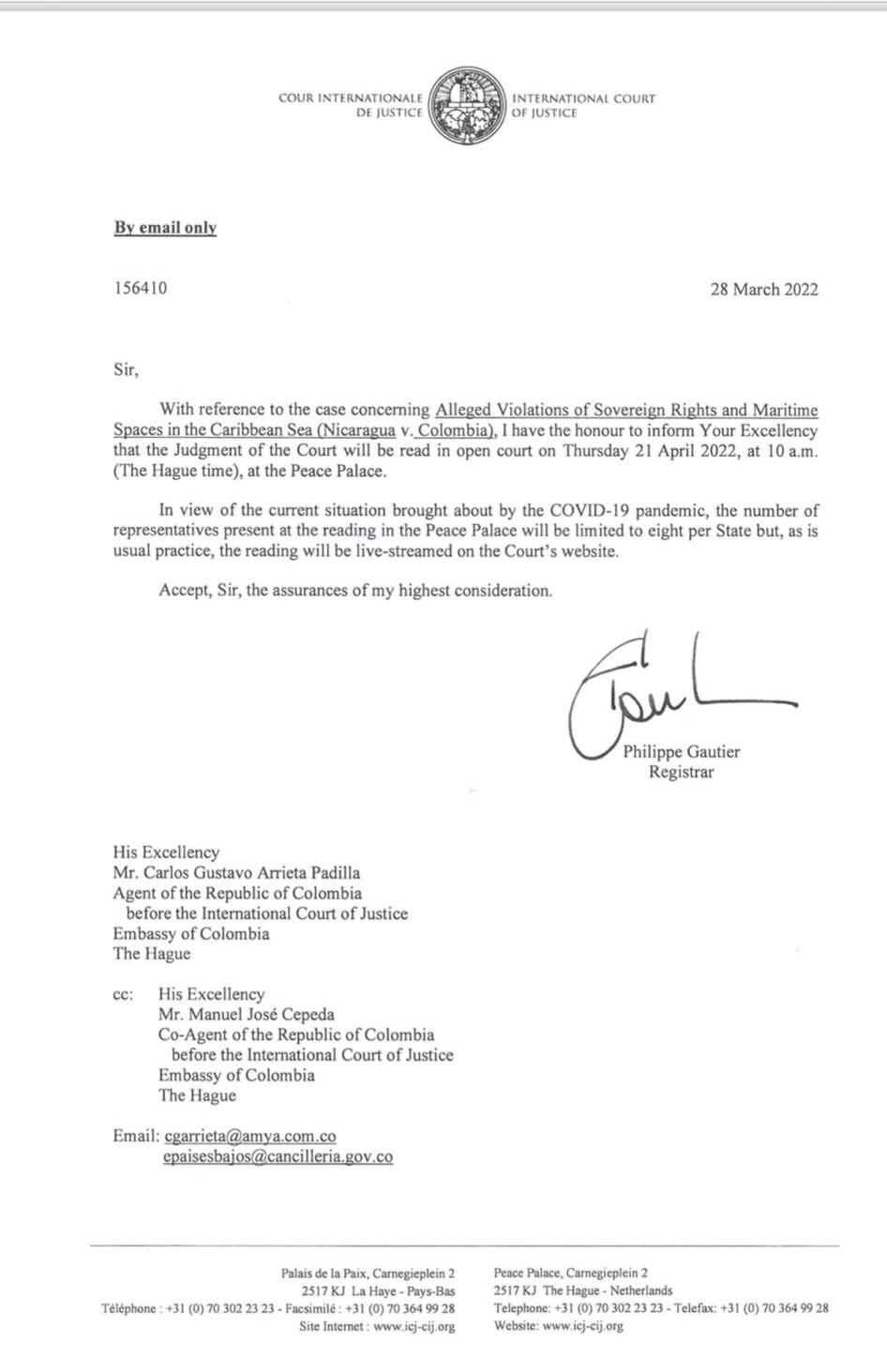 Citación a Colombia y Nicaragua, para la lectura del fallo sobre el diferendo limítrofe.