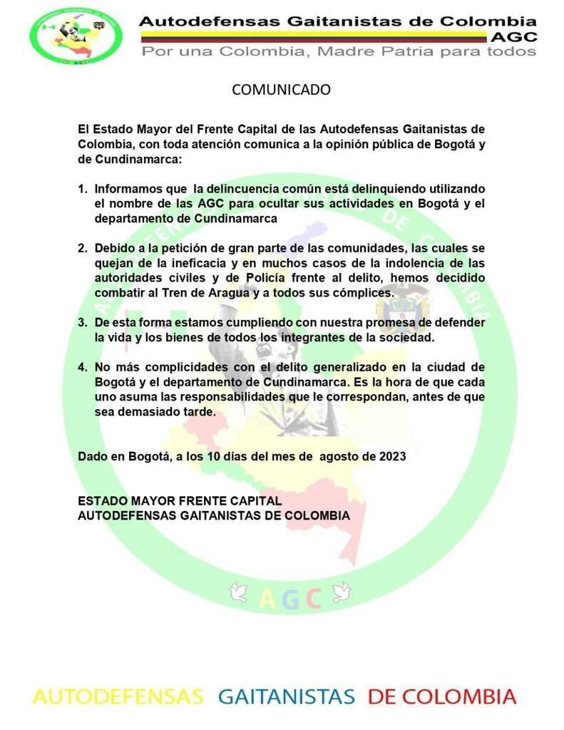 Panfleto del Clan del Golfo.