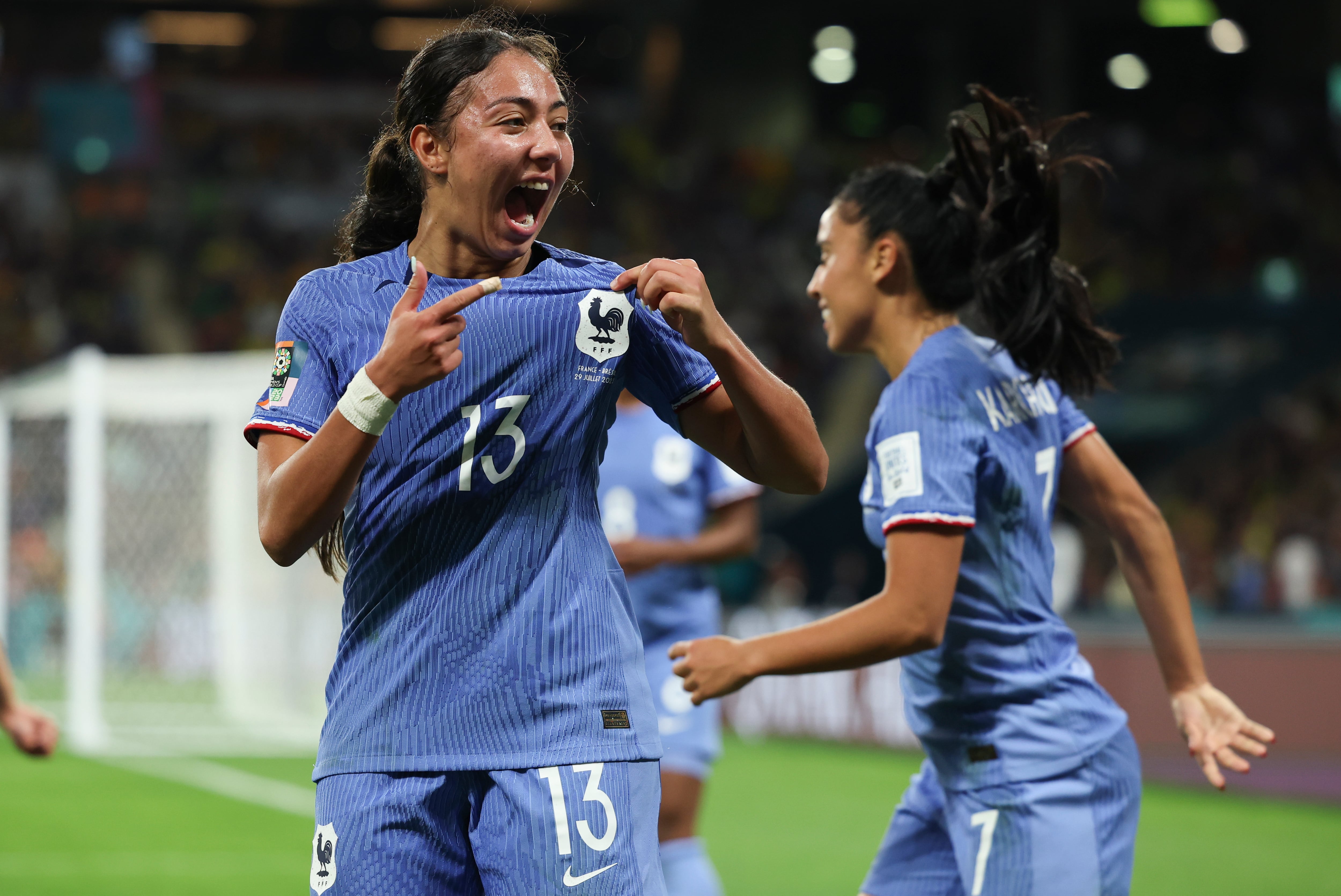 France's Selma Bacha reacts after her teammate Wendie Renard, scored their second goal during the Women's World Cup Group F soccer match between France and Brazil in Brisbane, Australia, Saturday, July 29, 2023. (AP Photo/Aisha Schulz)