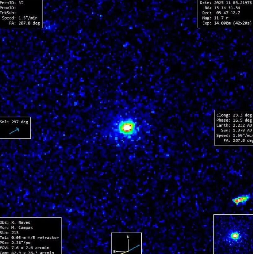 La fotografía obtenida por el Observatorio R. Naves muestra al 3I/ATLAS sin la característica estela de gas y polvo que debería acompañar su trayectoria.