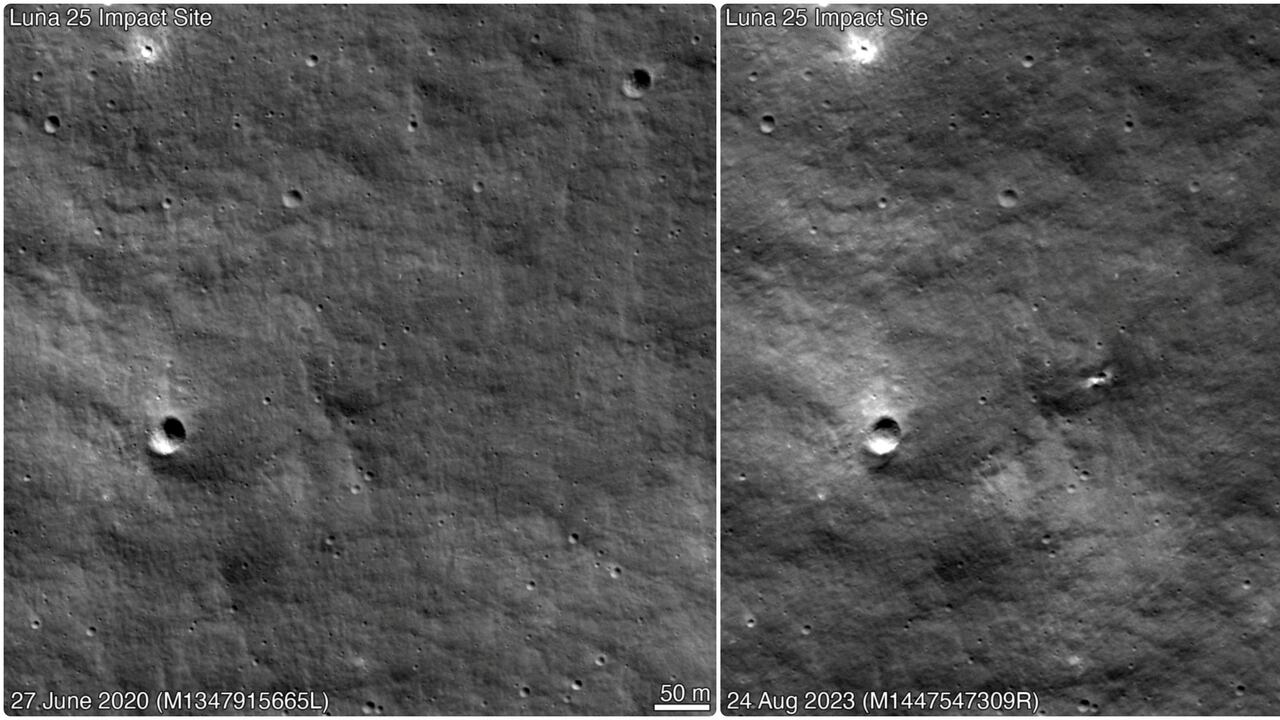 Una imagen combinada de imágenes del Lunar Reconnaissance Orbiter (LRO) de la NASA muestra la superficie de la luna el 27 de junio de 2020 y el 24 de agosto de 2023, antes y después de la aparición de un cráter, probablemente el lugar del impacto de la misión rusa Luna-25