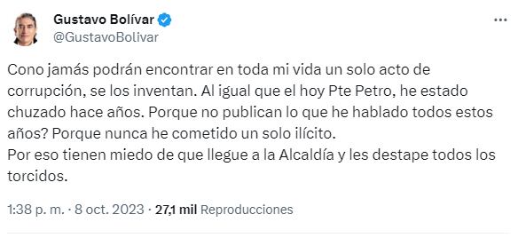 Publicación de Gustavo Bolívar en X.