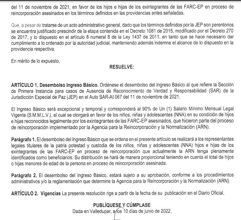 Gobierno ordena el pago de una mesa a los hijos de los excombatientes asesinados.