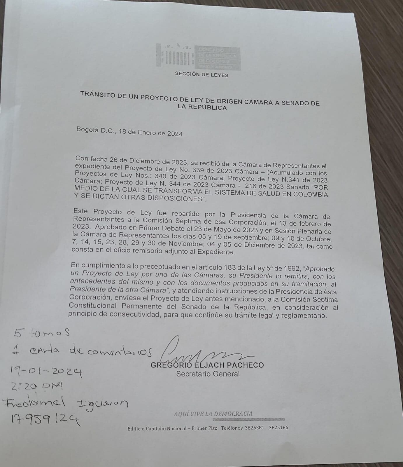 Esta es la carta de recepción del texto de la reforma a la salud en el Senado.