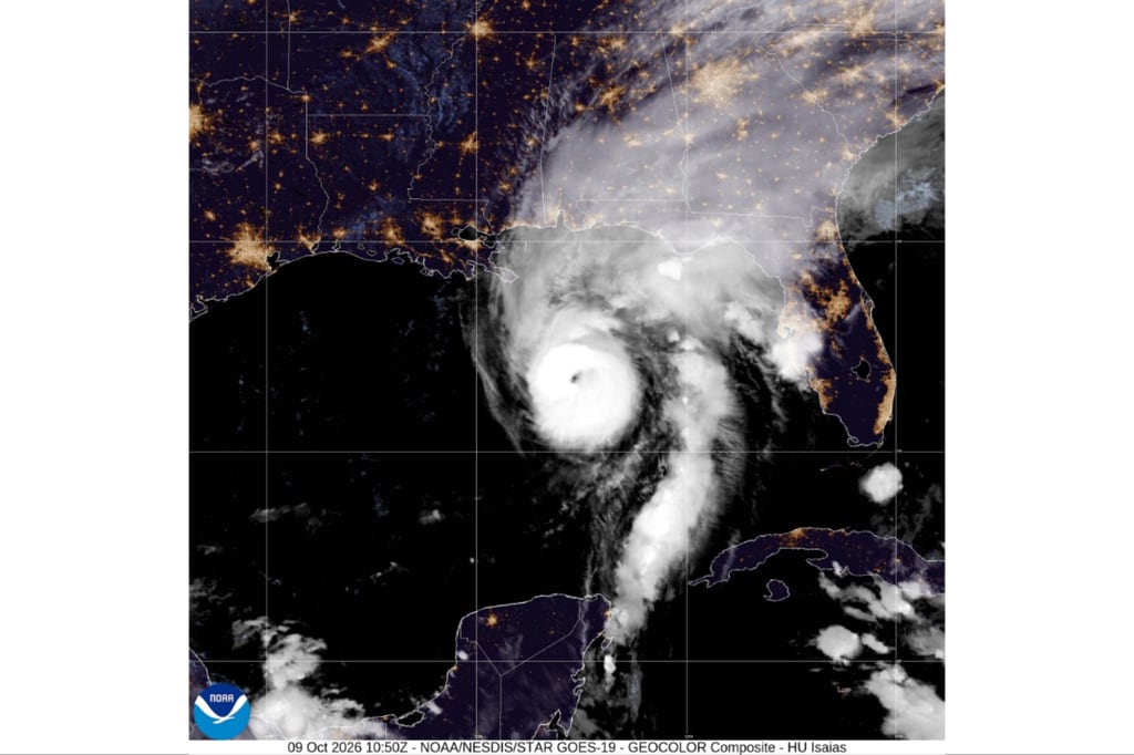 Esta imagen satelital del viernes 9 de octubre de 2026, proporcionada por la Oficina Nacional de Administración Oceánica y Atmosférica de Estados Unidos, muestra al huracán Isaias en el Golfo de México. (Oficina Nacional de Administración Oceánica y Atmosférica vía AP)