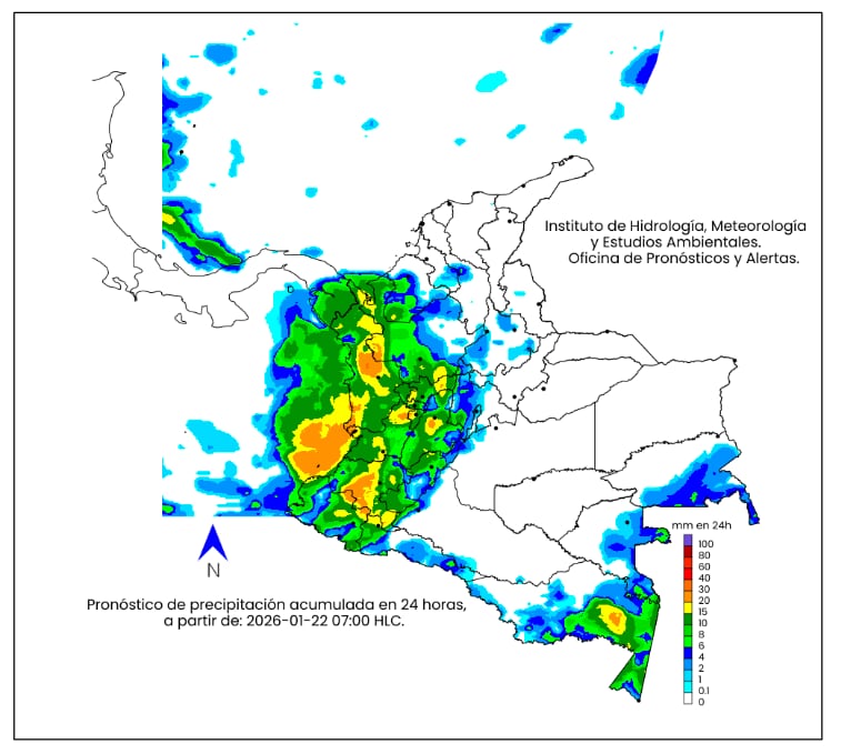 Pronóstico del Ideam para el jueves 22 de enero de 2026